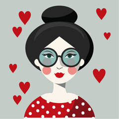 polka‑dot red top portrait with round glasses rosy cheeks and floating hearts; branding and packaging for boutiques, gift shops, and accessory makers.