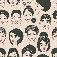 minimalist portraits series of diverse women in pink black and beige vector study; reference set for stylists, makeup artists, and character designers.