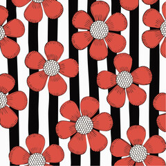 red five‑petal flowers on variable black‑and‑white stripe field repeat pattern; textile and apparel prints for dresses, scarves, and upholstery