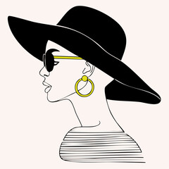 wide‑brim black hat profile with yellow‑templed sunglasses and striped top; branding art for hat designers, eyewear boutiques, and stylists