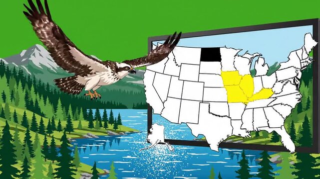 Cartoon osprey flying over lake with us map concept illustration for editorial or commercial projects