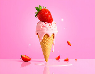 A vibrant strawberry ice cream cone against a bright pink background