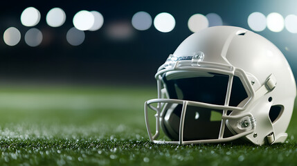 Fototapeta premium White football helmet on green field at night. Protective gear for a team sport. The excitement of competition. Get ready for the gridiron battle under bright stadium lights.