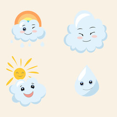SEt kawaii weather , clouds smiling, rainbow and sun, enjoying flat vector elements
