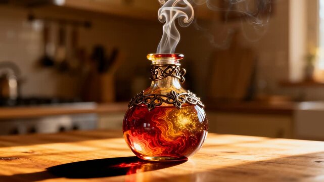 Luminous elixir with sparkles and smoke in an antique glass bottle on a kitchen table. Fantasy concept of a magic potion or alchemical creation. Close-up with slight panning motion.