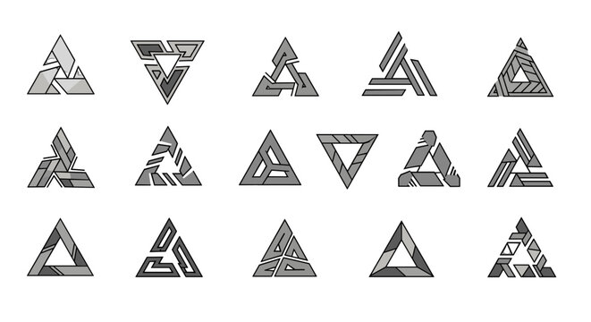 Collection of fifteen unique abstract geometric triangle logo designs in grayscale, featuring intricate patterns, sharp lines, and metallic gradients, perfect for modern branding and technology