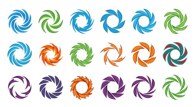 Collection of abstract circular vortex logos and icons in various vibrant colors including blue, green, orange, purple, and teal, representing motion, energy, and dynamism, perfect for technology
