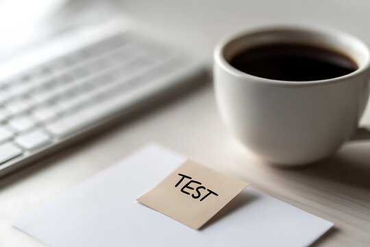 A focused view of the workspace essentials: a keyboard, a mug of dark coffee, and a 'test' note on a clean, white surface, ideal for studying, coding, or office scenes.