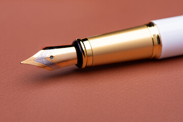 Fountain pen, beautiful fountain pen in detail on leather surface, selective focus.