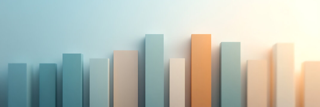 A minimalist bar graph in muted blue, beige, and orange tones is depicted against a soft gradient backdrop, suggesting financial growth and success. The lighting is warm and diffused.