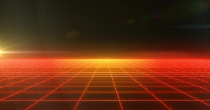 Retro Digital Futuristic Style Orange Grid. Retrowave, Synthwave. Abstract Sci-Fi Orange Background Animation. 80s, 90s Vintage Grid Lines on Black Background - 4K