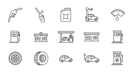 Minimalistic linear pictogram set of gas station icons, editable stroke, featuring fuel pumps, cars, fuel gauge, jerrycan, and tires, perfect for design of cards, apps, banners, and posts, vector