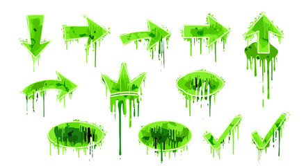 Vivid neon green spray paint shape set featuring acid splatter and toxic drip texture, ideal for urban design. Includes graffiti arrows, a star, crown, oval shapes, and check marks, all with a