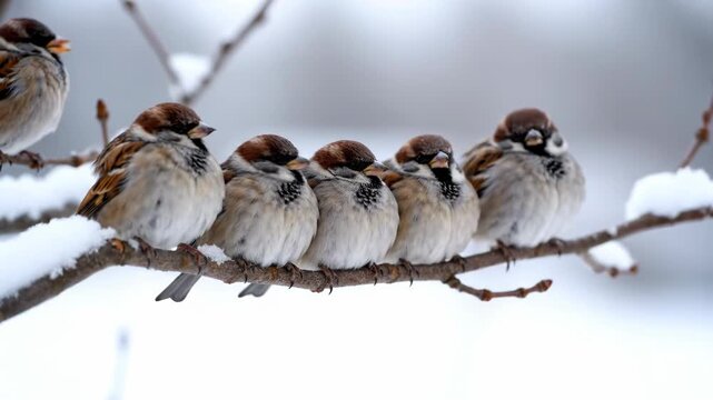 A charming group of sparrows perched closely together on a snowdusted branch, showcasing their fluffy winter plumage against a soft, blurred snowy backdrop