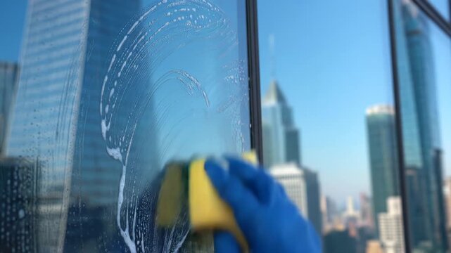 A gloved hand cleans a window with a soapy sponge. The city skyline reflects on the glass.