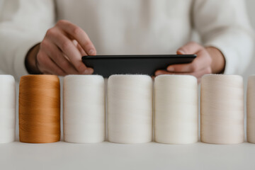 A person using a tablet to photograph spools of thread, showcasing different shades. The spools are neatly lined up, highlighting color variations and textures.