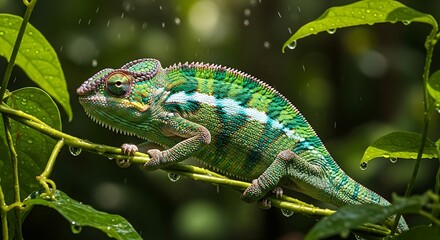 Colorful chameleon resting on a branch in the rainforest after a refreshing rain
