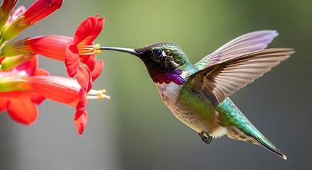 Hummingbird feeding on nectar from bright red flowers in a natural garden setting