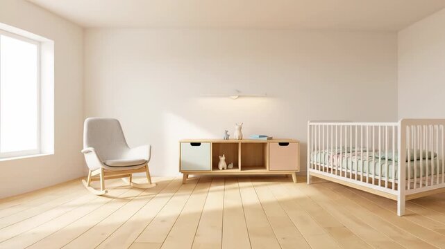A bright, empty room transforms into a serene, modern baby nursery. New furniture and decor create a welcoming and peaceful space.