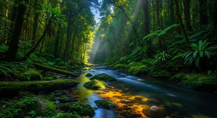 Serene river flows through a lush green rainforest with sunlight streaming down