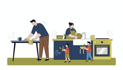 A hectic family kitchen scene where everyone participates in tidying up after a meal emphasizing teamwork in cleaning.
