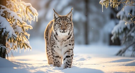 Majestic lynx walking through a snowy winter forest on a bright sunny day outdoors