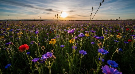 Vibrant wildflower meadow at sunset with colorful blossoms in a rural landscape