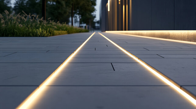 Sleek pathway design featuring integrated lighting, creating a modern and inviting outdoor space. The warm glow contrasts beautifully with the cool tones of the paving.