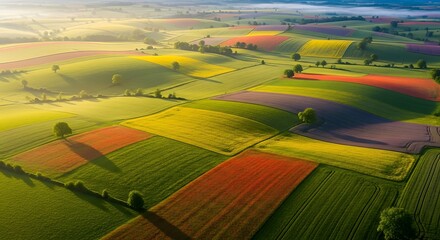 Aerial view of colorful cultivated fields in countryside landscape at sunrise