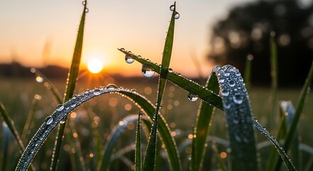 Dew drops on blades of grass sparkle in the morning sunlight at early dawn hour