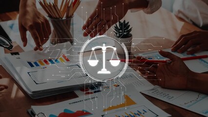 A diverse team collaborates in a business meeting surrounded by financial reports and charts, with a digital overlay of legal scales symbolizing balance and fairness. Raster - Powered by Adobe