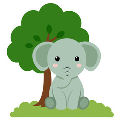 Cute cartoon elephant sitting under a green tree silhouette isolated on white background