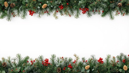 Christmas background with pine branches, red berries, and pine cones for holiday design and decoration