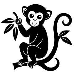 Cute cartoon monkey sitting on a branch holding leaves silhouette isolated on white background