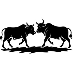 Two powerful bull silhouettes facing each other isolated on white background silhouette