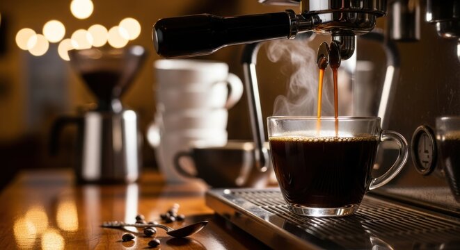 Espresso brewing into glass cup with steam rising indoors