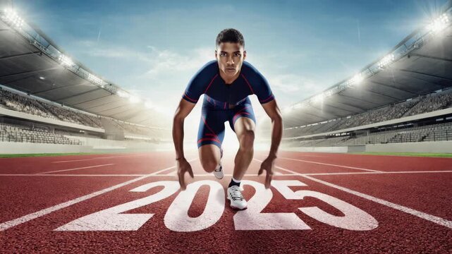 A man on a track wearing sportswear, poised to start sprinting. He is looking ahead intently, ready for an athletic competition in the year 2015. The focus and determination are palpable.