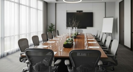 Empty modern conference room with large wooden table and mesh chairs.