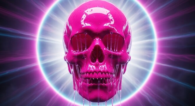 Glossy pink skull dripping liquid against a glowing purple background. - Powered by Adobe