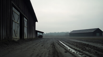 Obraz premium A moody, atmospheric view of a rural farm, complete with weathered barns and a fog-laden sky. The mud path shows signs of recent activity, adding to the scene's realism.