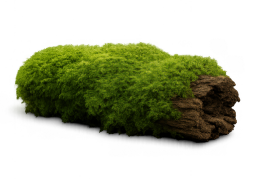 Green moss growing on a fallen rotting tree log in a forest, natural decay and organic growth transparent background