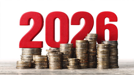 Year 2026 red numbers standing on growing coin stacks, symbolizing financial growth and planning