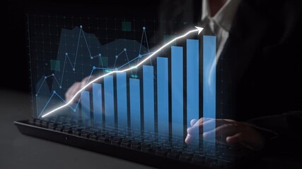 A professional setting showcases a digital graph overlaying a keyboard, illustrating business growth and financial success through modern data analysis techniques. Copula - Powered by Adobe