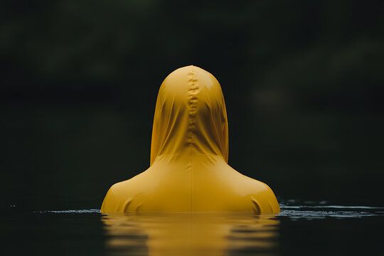 A figure in a bright yellow hooded suit stands in dark water, back to the camera, creating an intriguing contrast between light and shadow. The person is fully immersed. - Powered by Adobe