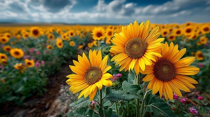Fototapeta premium Golden sunflower field in summer high resolution picture