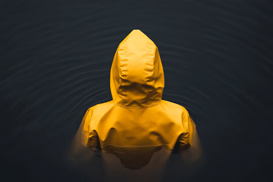 Person in a vibrant yellow raincoat standing in a dark, rippling body of water. The bright garment contrasts against the somber water creating a striking visual.
