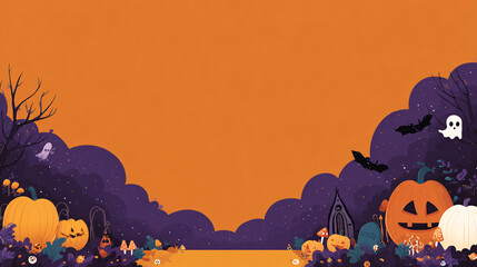 Halloween pumpkin jack-o-lanterns with spooky ghosts and bats on an orange background