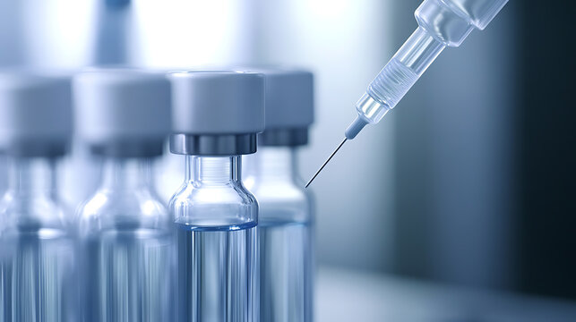 Close-up of vials filled with clear liquid and a syringe with needle. The vials are sealed with gray caps and arranged in a row, the focus on the needle poised to pierce the vial.
