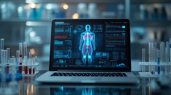 Laptop with a digital human body scan on the screen, surrounded by test tubes and lab equipment