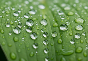 Captivating close-up of glistening raindrops delicately adorning a vibrant green leaf, showcasing nature's refreshing purity and intricate beauty